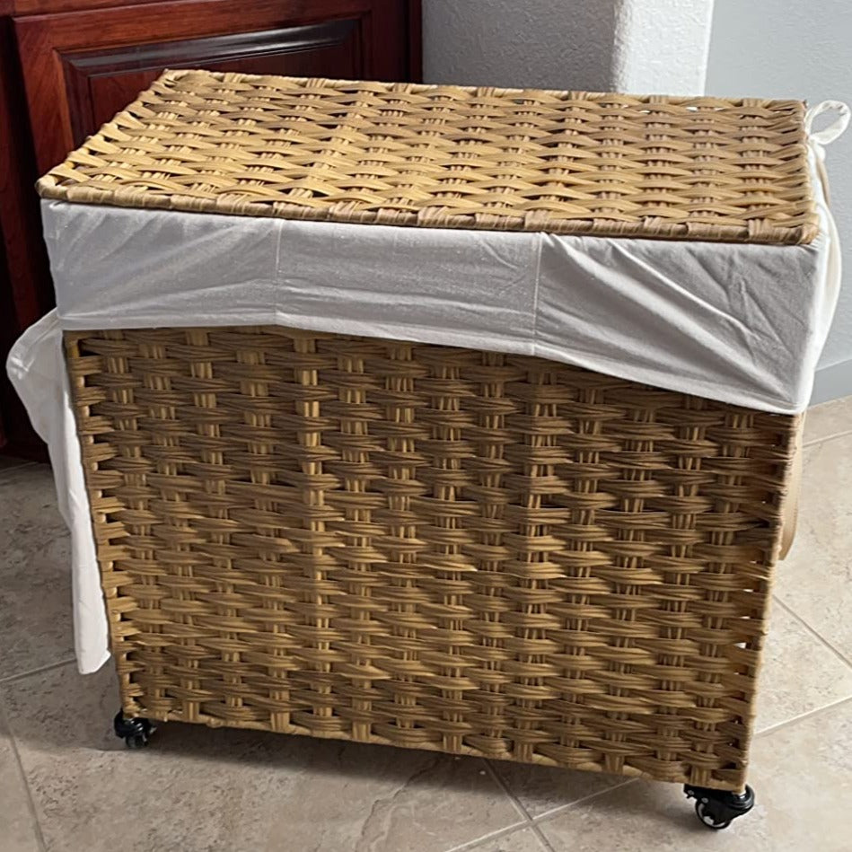 Laundry Hamper, Handwoven Laundry Basket, 140L Rattan Style with 3 Compartments