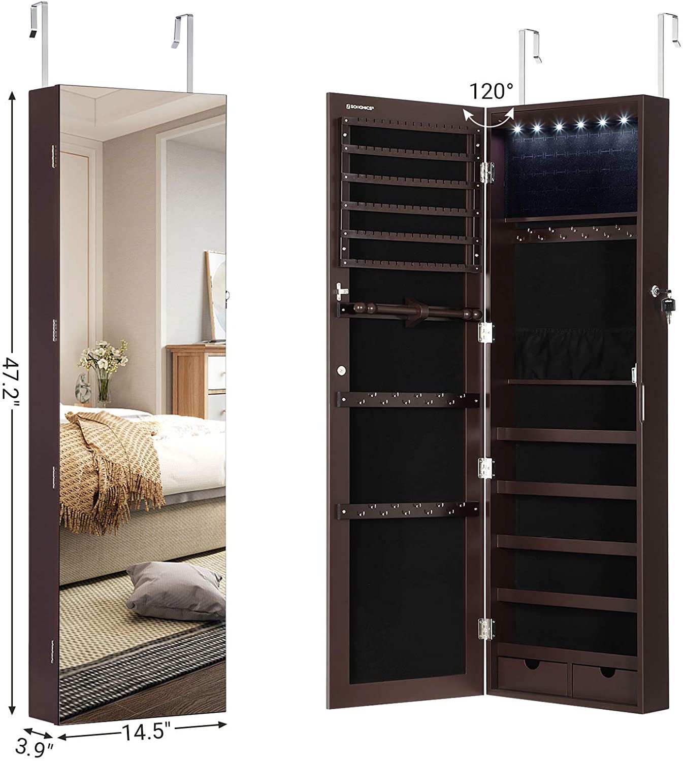 47.2" H Full Screen Mirrored Jewelry Cabinet Armoire, 6 LEDs Jewelry Organizer Wall Hanging/Door Mounted, Larger Capacity - HWLEXTRA 