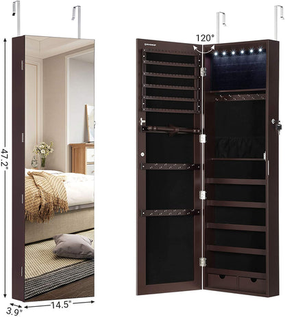 47.2" H Full Screen Mirrored Jewelry Cabinet Armoire, 6 LEDs Jewelry Organizer Wall Hanging/Door Mounted, Larger Capacity - HWLEXTRA 