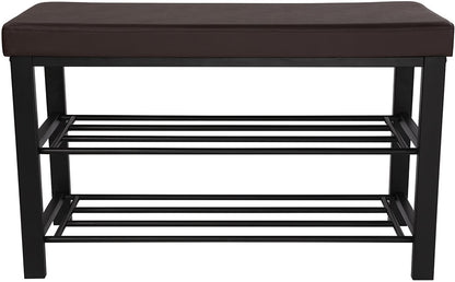 Brown Padded Storage Shoe Bench with Shelves - HWLEXTRA