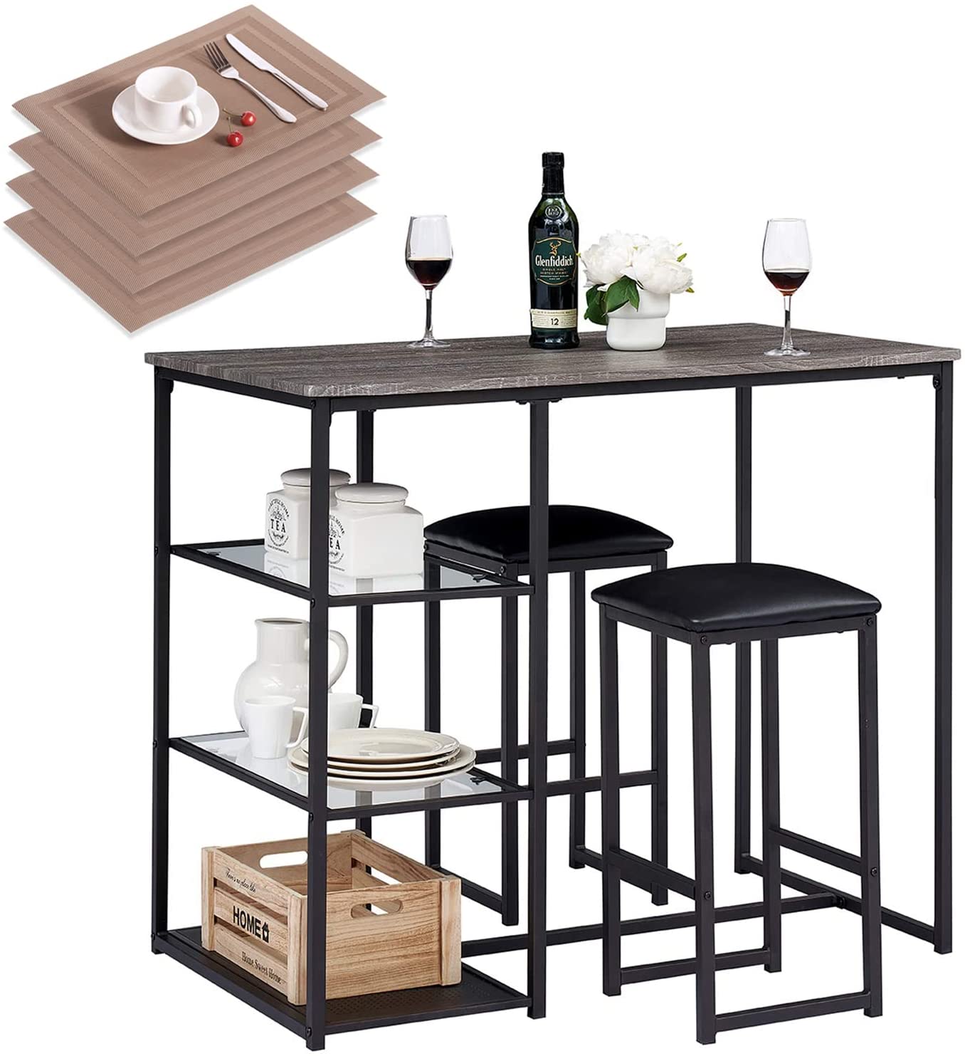 Glass top Dining Table with 4 Chairs [4 Placemats Included-] Silver X-Large