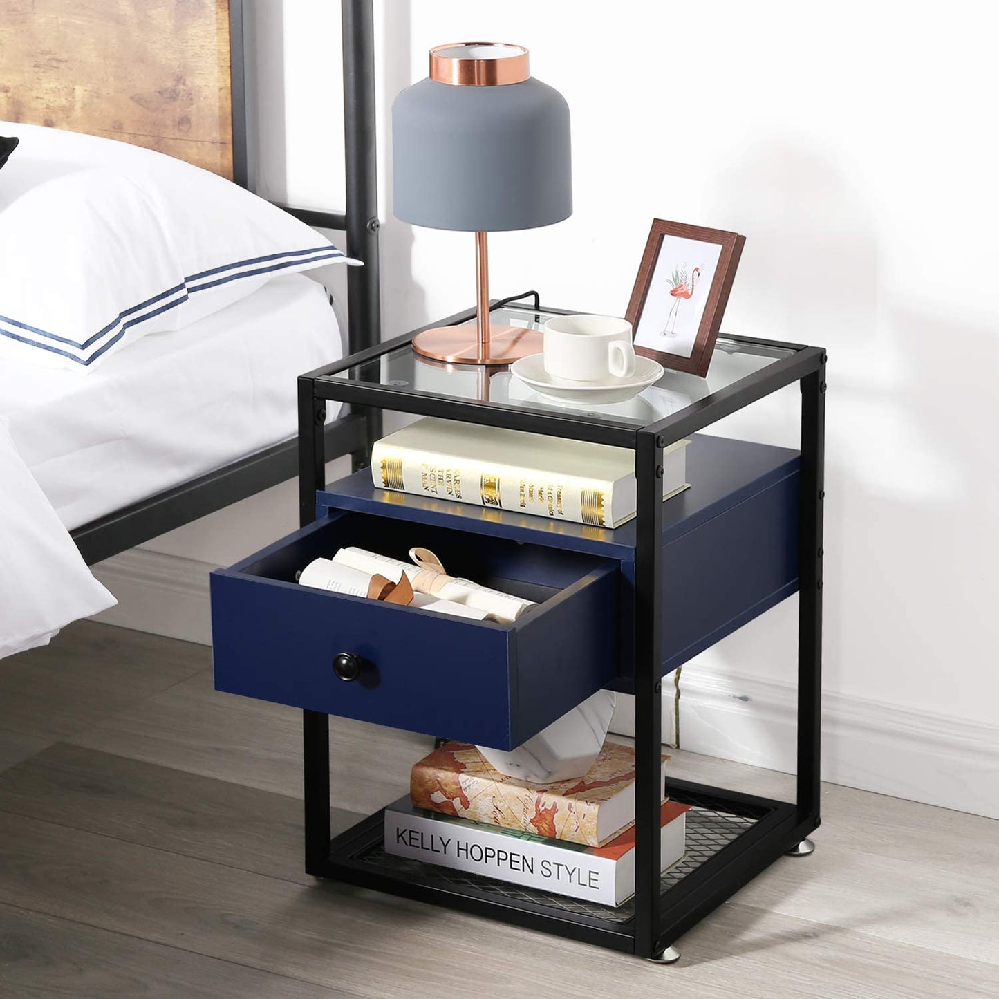 Nightstand, Tempered Glass End Table, Cabinet with Drawer and Rustic Shelf Decoration