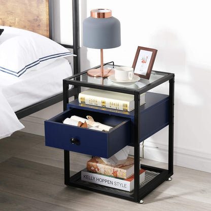 Nightstand, Tempered Glass End Table, Cabinet with Drawer and Rustic Shelf Decoration