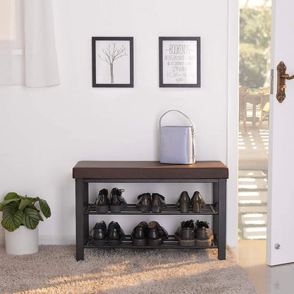 Brown Padded Storage Shoe Bench with Shelves - HWLEXTRA