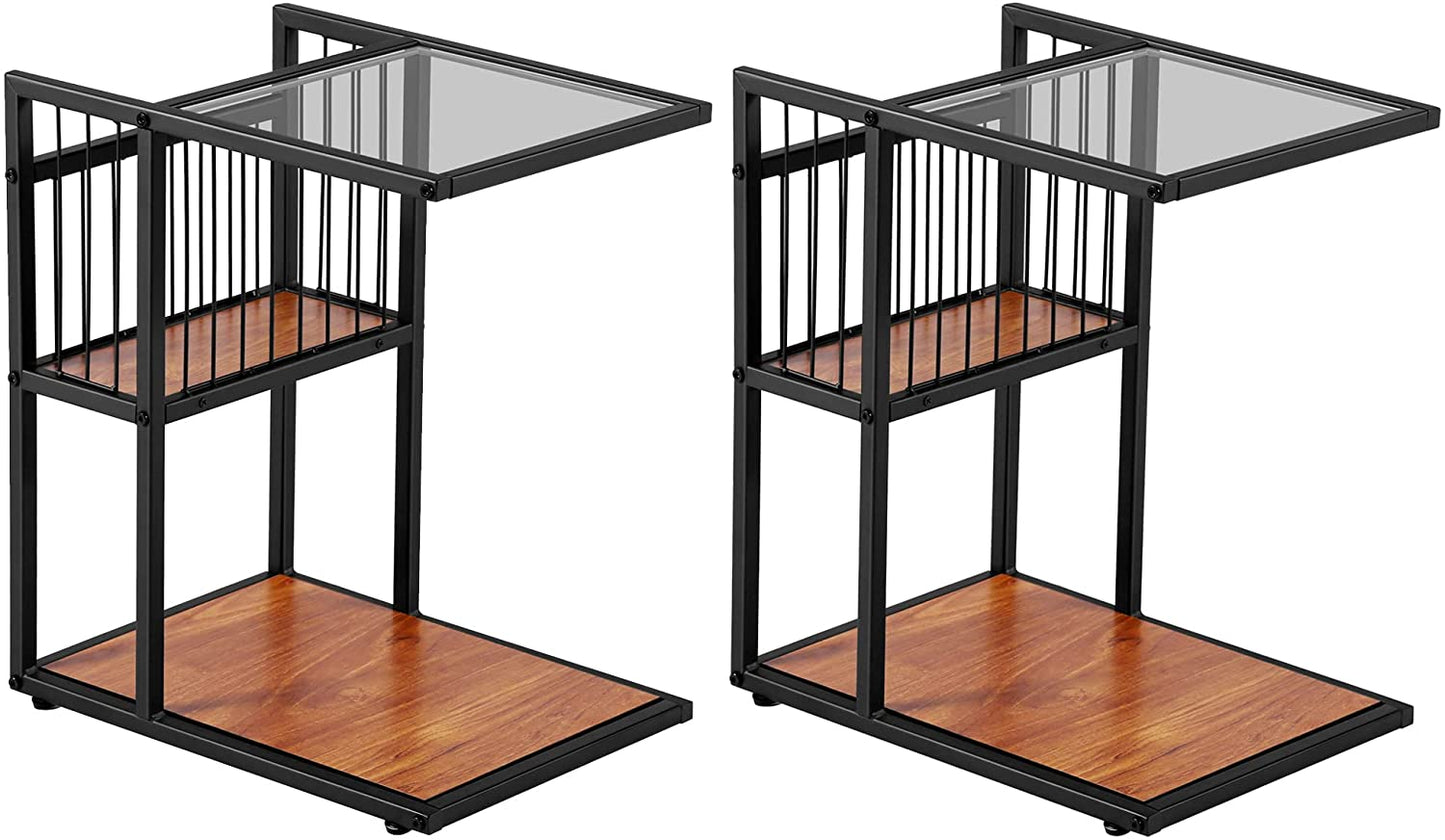 Glass Top C Shaped End/Couch/Side Table with Mesh Basket for Coffee Drink Snack Laptop, Metal Industrial Style