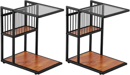 Glass Top C Shaped End/Couch/Side Table with Mesh Basket for Coffee Drink Snack Laptop, Metal Industrial Style
