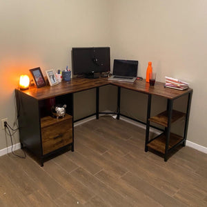 Corner Desk, L-Shaped Computer Desk, Home Office Desk with Shelves and Hanging File Cabinet - HWLEXTRA 