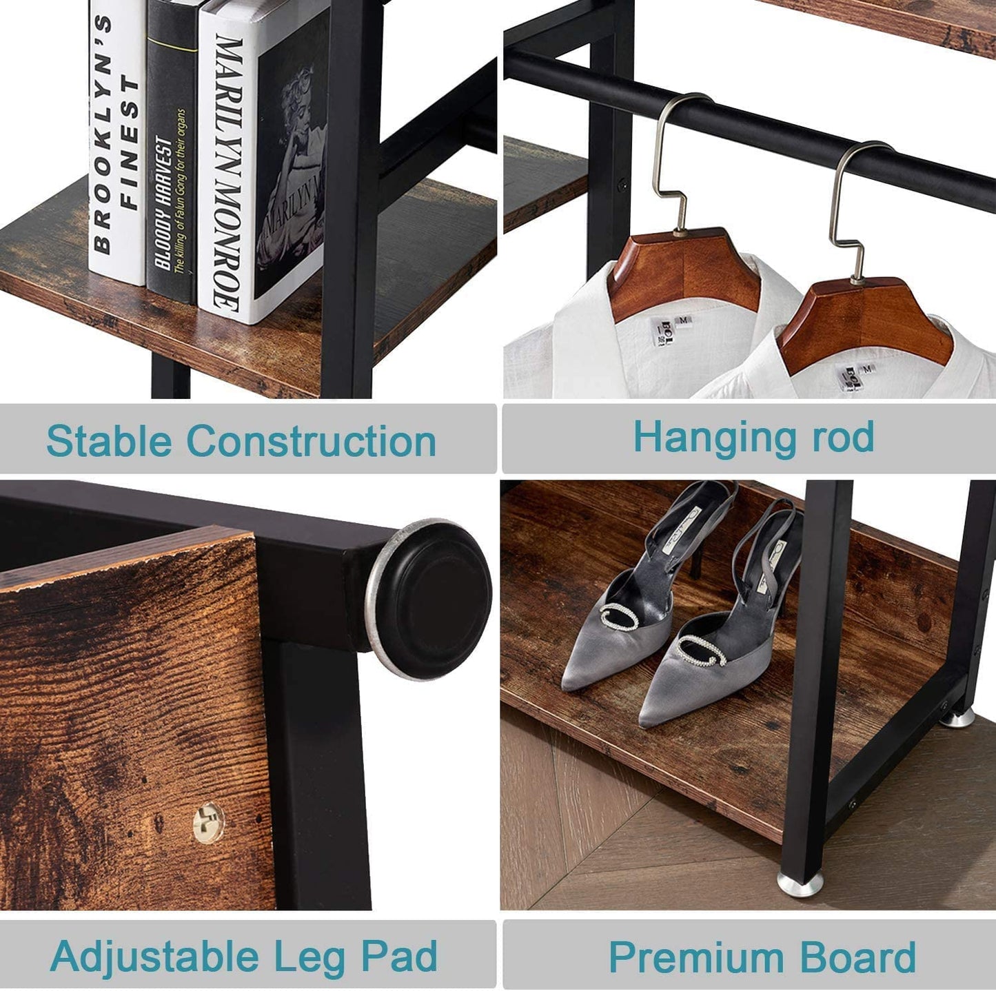 Free-Standing Garment Rack, Heavy Duty Storage Organizer with 5 Shelves and Hanging Rod