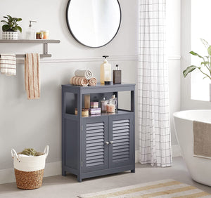 Bathroom Storage Floor Cabinet, Free Standing with Double Shutter Doors and Adjustable Shelf, Gray