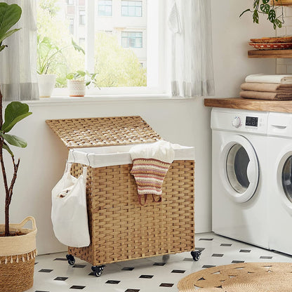 Laundry Hamper, Handwoven Laundry Basket, 140L Rattan Style with 3 Compartments - HWLEXTRA 