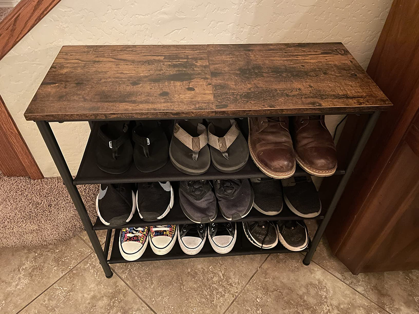 Shoe Rack 4 Tier, Narrow Shoe Organizer for Closet Entryway, with 3 Fabric Shelves and Top for Bags - HWLEXTRA 