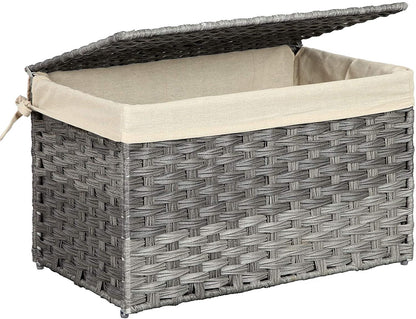 Storage Basket with Lid, Rattan-Style Storage Trunk with Cotton Liner and Handles, for Bedroom Closet Laundry Room, 21.9 x 13.4 x 13.4 Inches