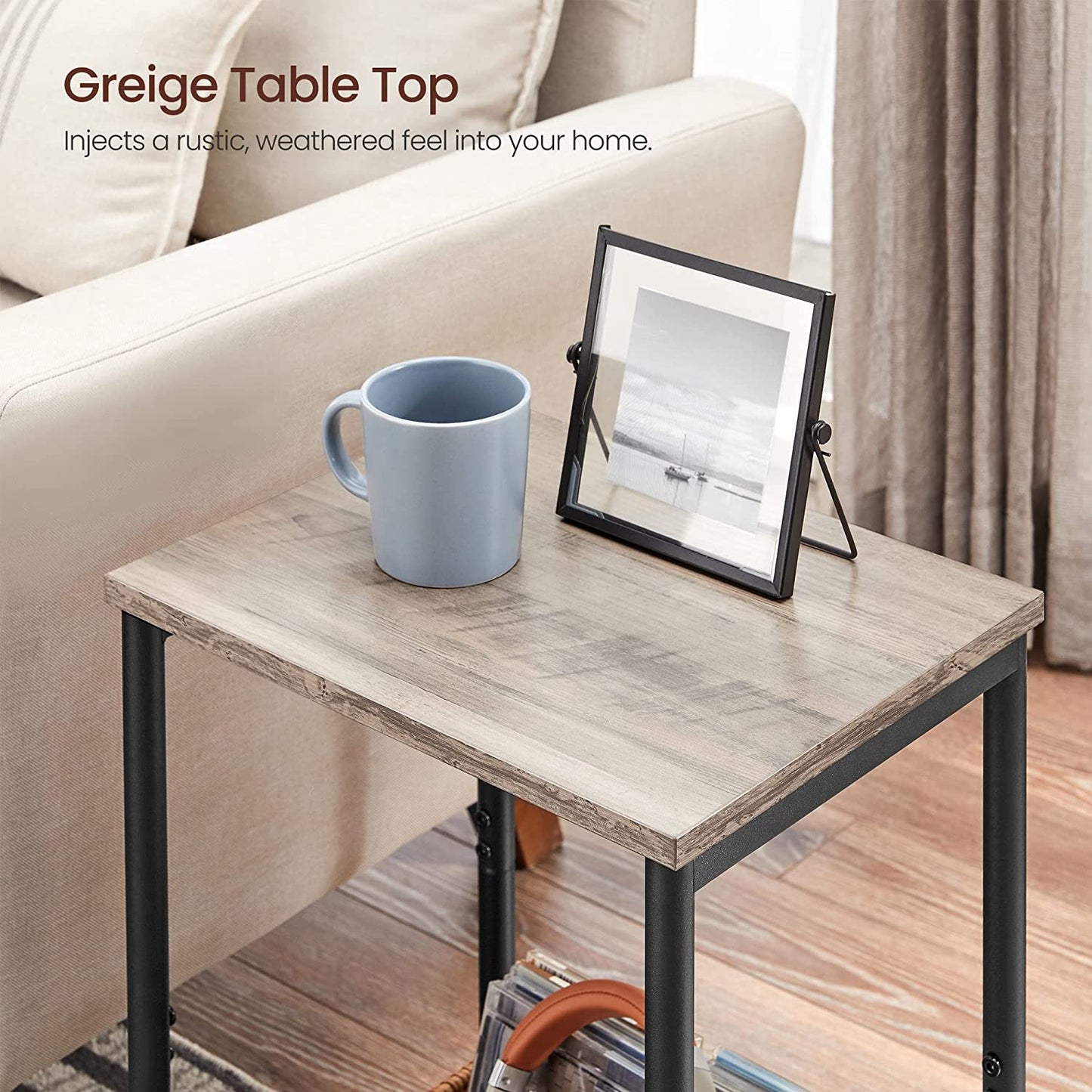 End Tables Set of 2, Side Tables with Storage Shelf, Slim Night Tables, Steel Frame