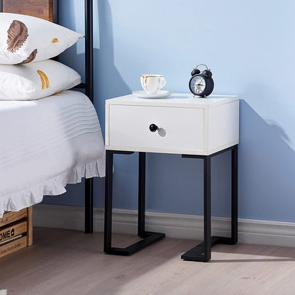 Wood End Table with Drawer, Modern Nightstand with Metal, Set of Two,White