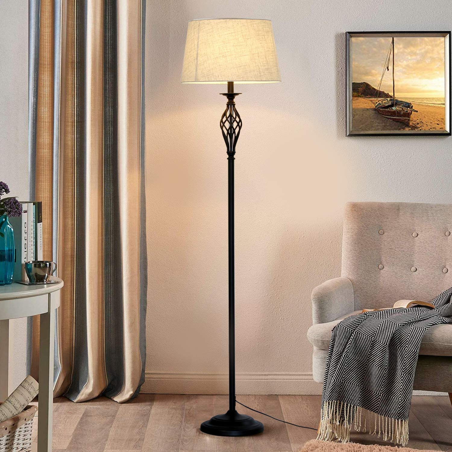 Floor Lamp with Linen Lampshade & Black lampbody Foot Pedal Switch Long-Distance Control