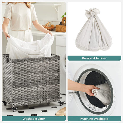Laundry Hamper, Handwoven Laundry Basket, 140L Rattan Style with 3 Compartments, Removable Liner - HWLEXTRA 