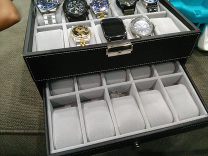 Watch Box 20 Mens Case Glass Top Black and Gray Display Organizer Lockable