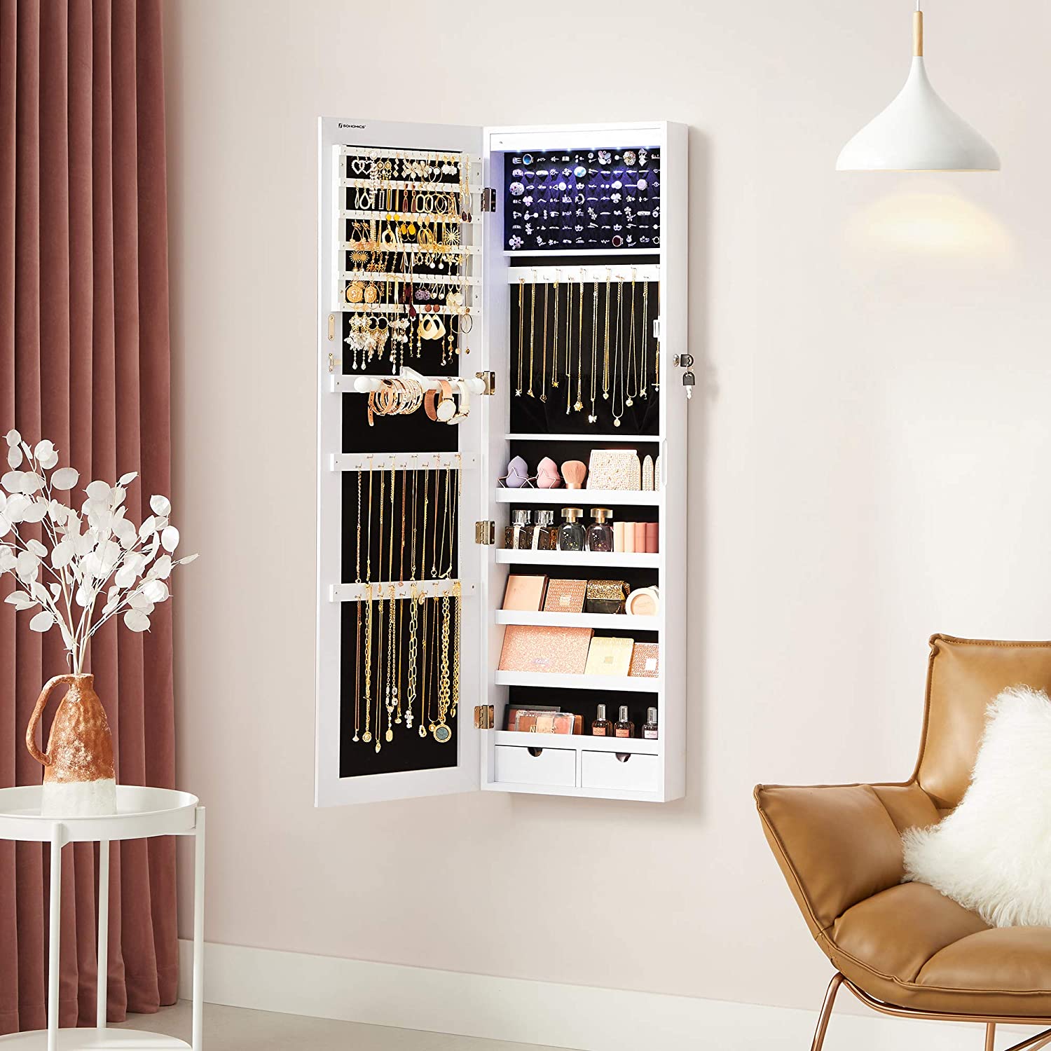 47.2" H Full Screen Mirror Jewelry Cabinet - HWLEXTRA 