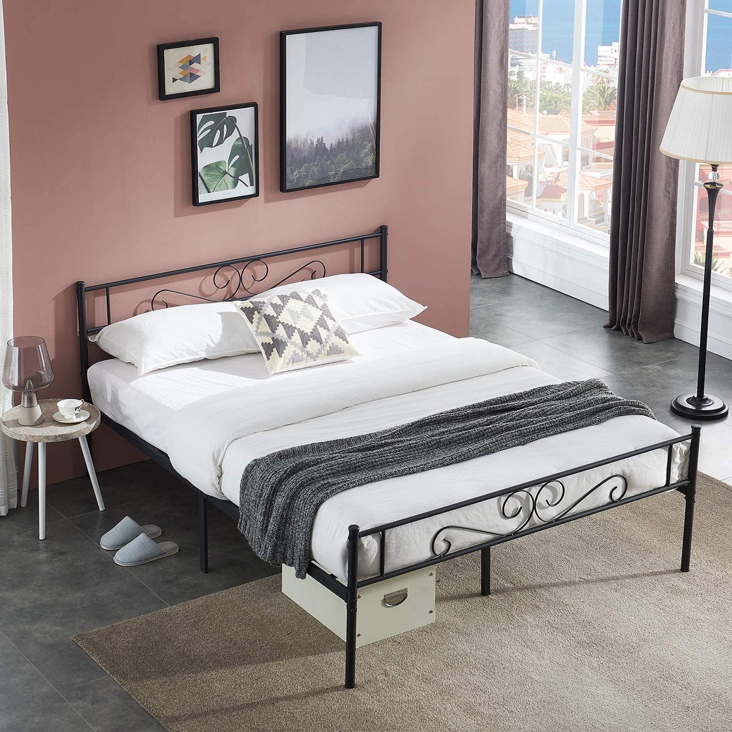 Platform Metal Bed Frame, Mattress Foundation with Headboard & Footboard