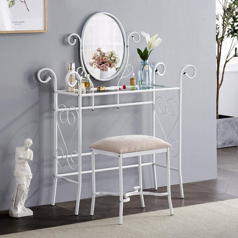 Classic Metal Set Bedroom Vanity with Glass Table Stool and Adjustable Mirror (White)