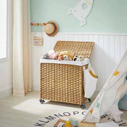 Laundry Hamper, Handwoven Laundry Basket, 140L Rattan Style with 3 Compartments - HWLEXTRA 