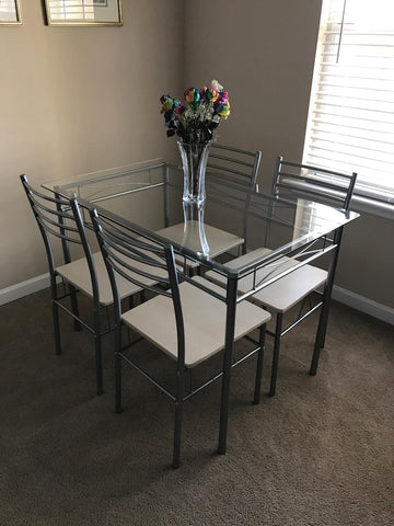 Glass top Dining Table with 4 Chairs [4 Placemats Included-] Silver X-Large