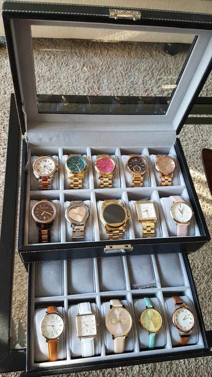 Watch Box 20 Mens Case Glass Top Black and Gray Display Organizer Lockable