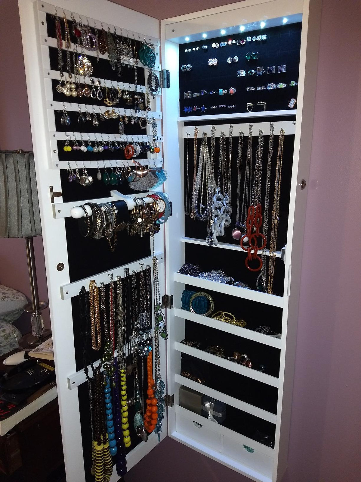 47.2" H Full Screen Mirrored Jewelry Cabinet Armoire, 6 LEDs Jewelry Organizer Wall Hanging/Door Mounted, Larger Capacity - HWLEXTRA 