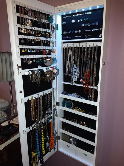 47.2" H Full Screen Mirrored Jewelry Cabinet Armoire, 6 LEDs Jewelry Organizer Wall Hanging/Door Mounted, Larger Capacity - HWLEXTRA 