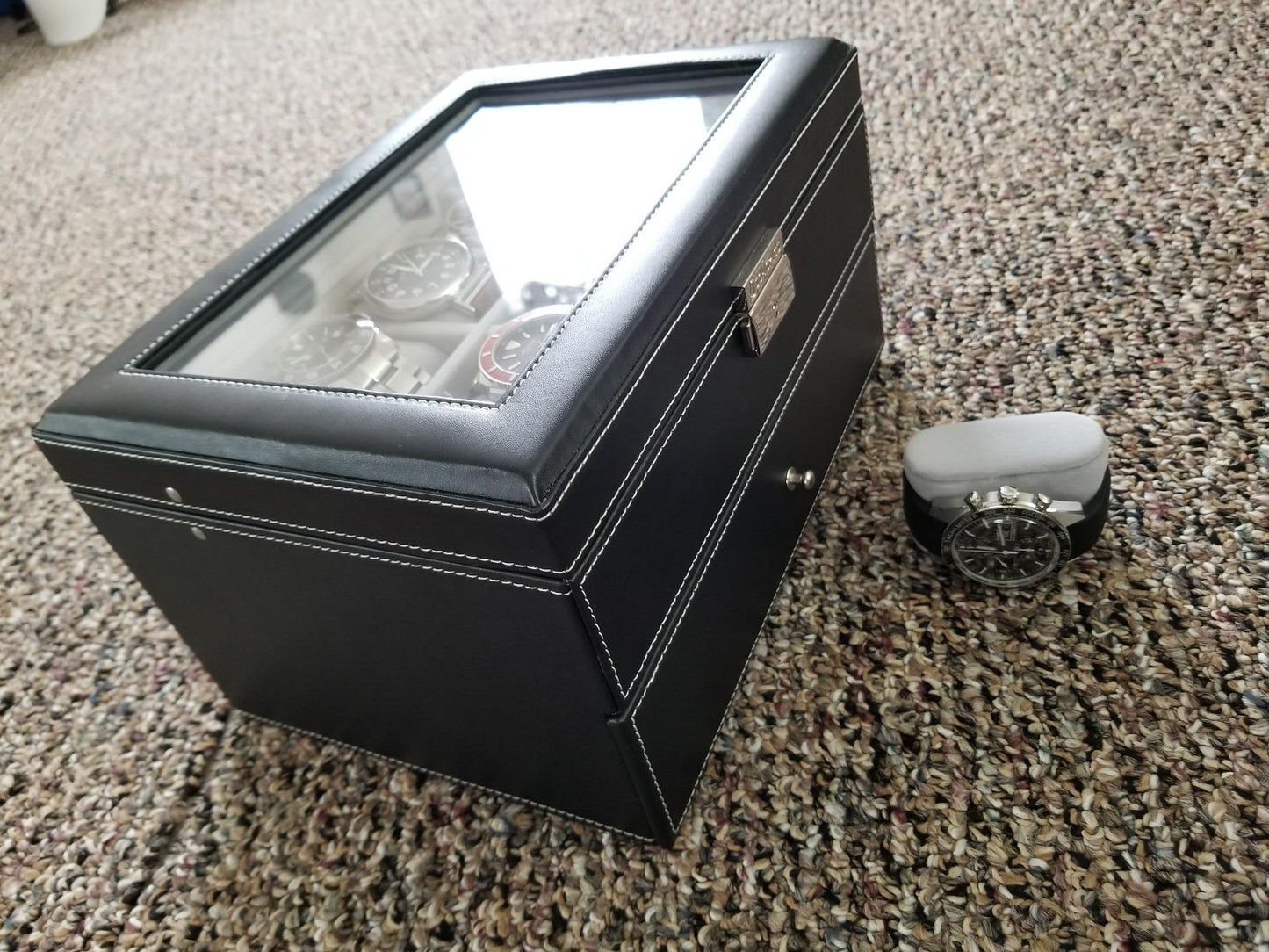 Watch Box 20 Mens Case Glass Top Black and Gray Display Organizer Lockable