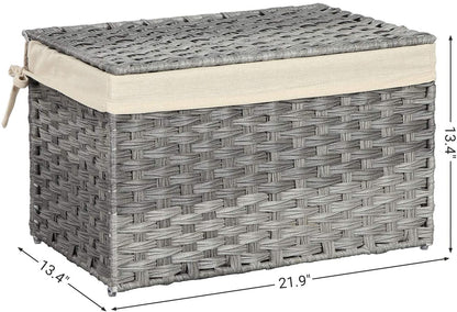 Storage Basket with Lid, Rattan-Style Storage Trunk with Cotton Liner and Handles, for Bedroom Closet Laundry Room, 21.9 x 13.4 x 13.4 Inches