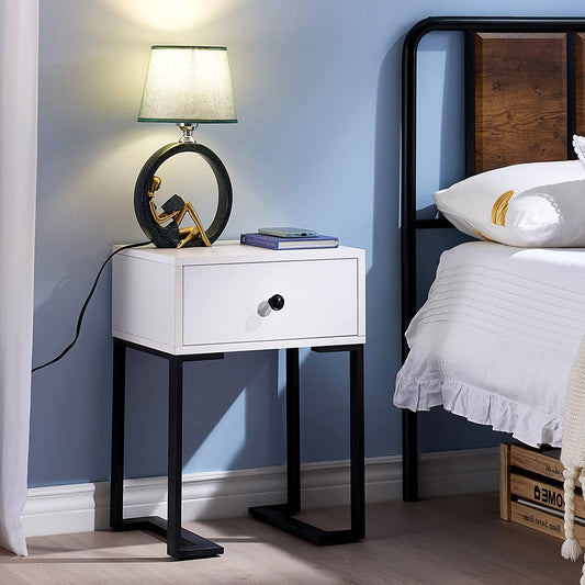 Wood End Table with Drawer, Modern Nightstand with Metal, Set of Two,White