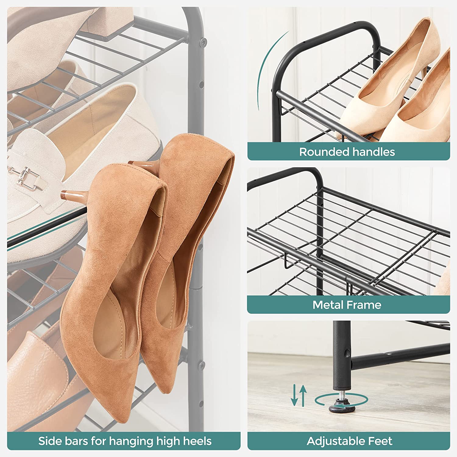 Stackable Shoe Rack, 4-Tier Shoe Rack Storage Organizer, Hold up to 16 Pairs, Steel, 27 x 10.8 x 25.6 Inches - HWLEXTRA 