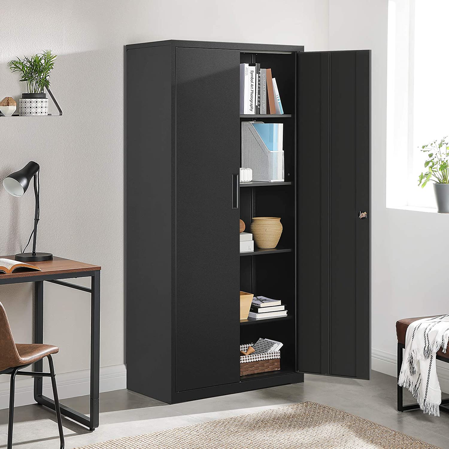 Garage Steel Storage Cabinet, Office Cabinet with Adjustable Storage Shelves and Double Doors for Garage and Utility Room