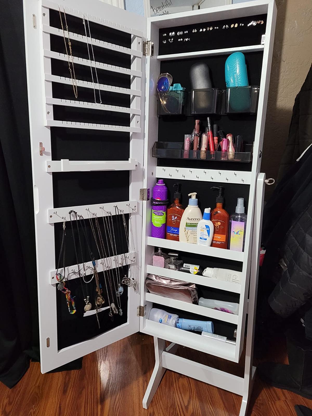 Mirror Jewelry Cabinet Armoire, Freestanding Lockable Storage Organizer Unit with 2 Plastic Cosmetic Storage - HWLEXTRA 