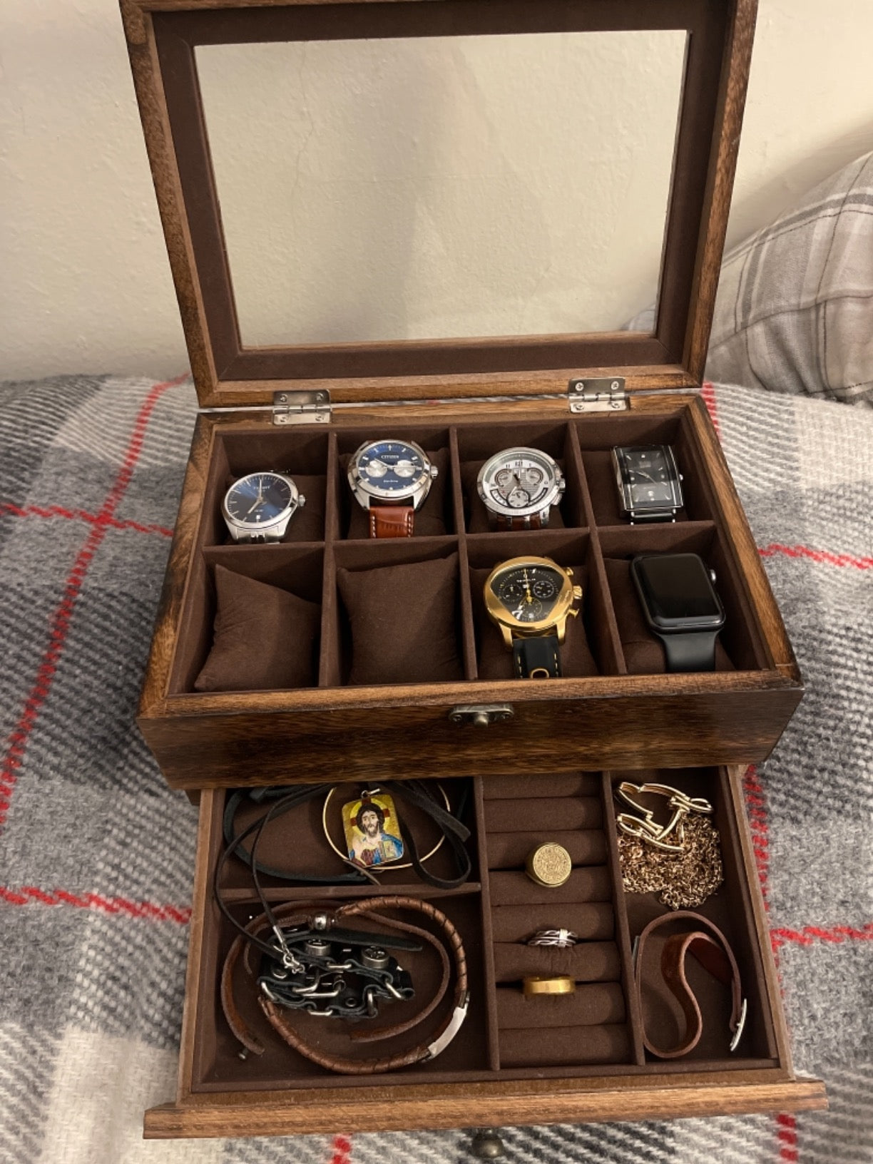 Solid Wood Watch Box, 8-Slot Watch Case with Pillows, Glass Lid, Rustic Walnut