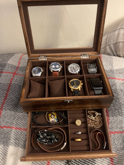 Solid Wood Watch Box, 8-Slot Watch Case with Pillows, Glass Lid, Rustic Walnut