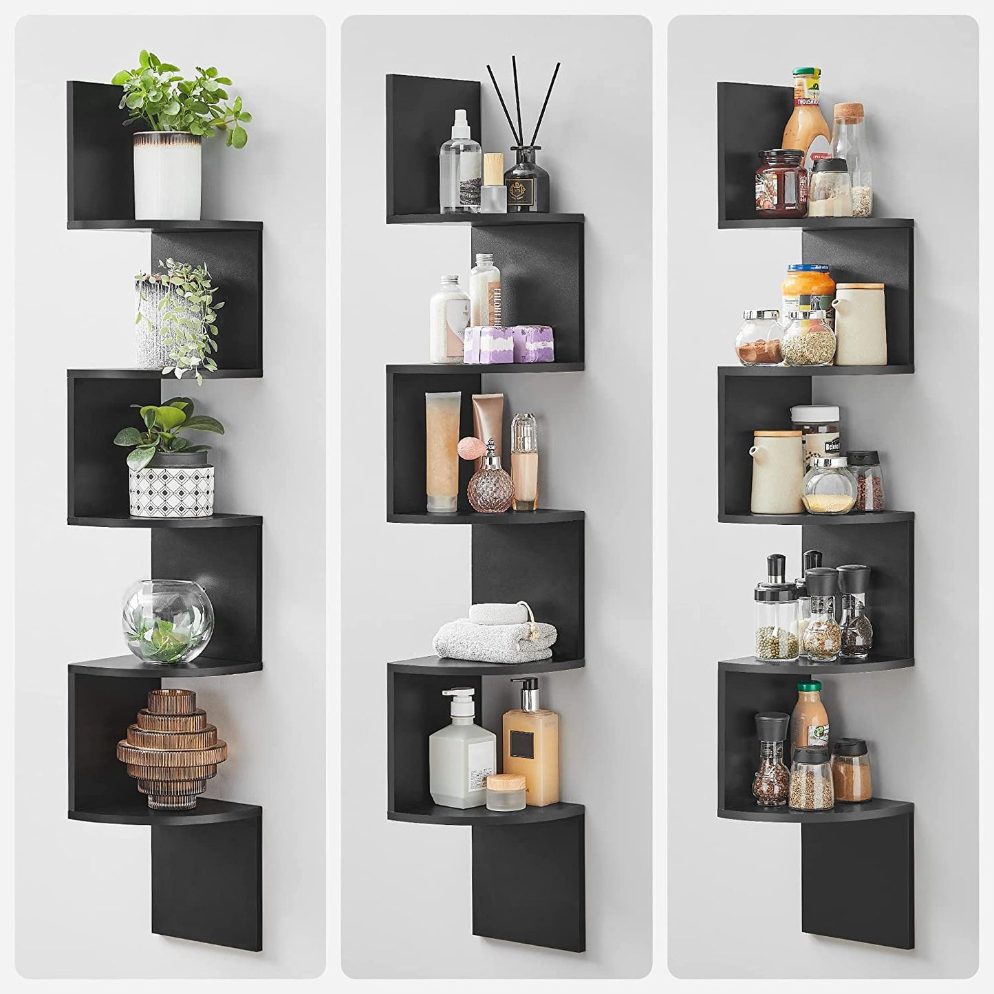 Corner Shelf, 5-Tier Floating Wall Shelf with Zigzag Design, Bookshelf, Rustic Brown - HWLEXTRA 
