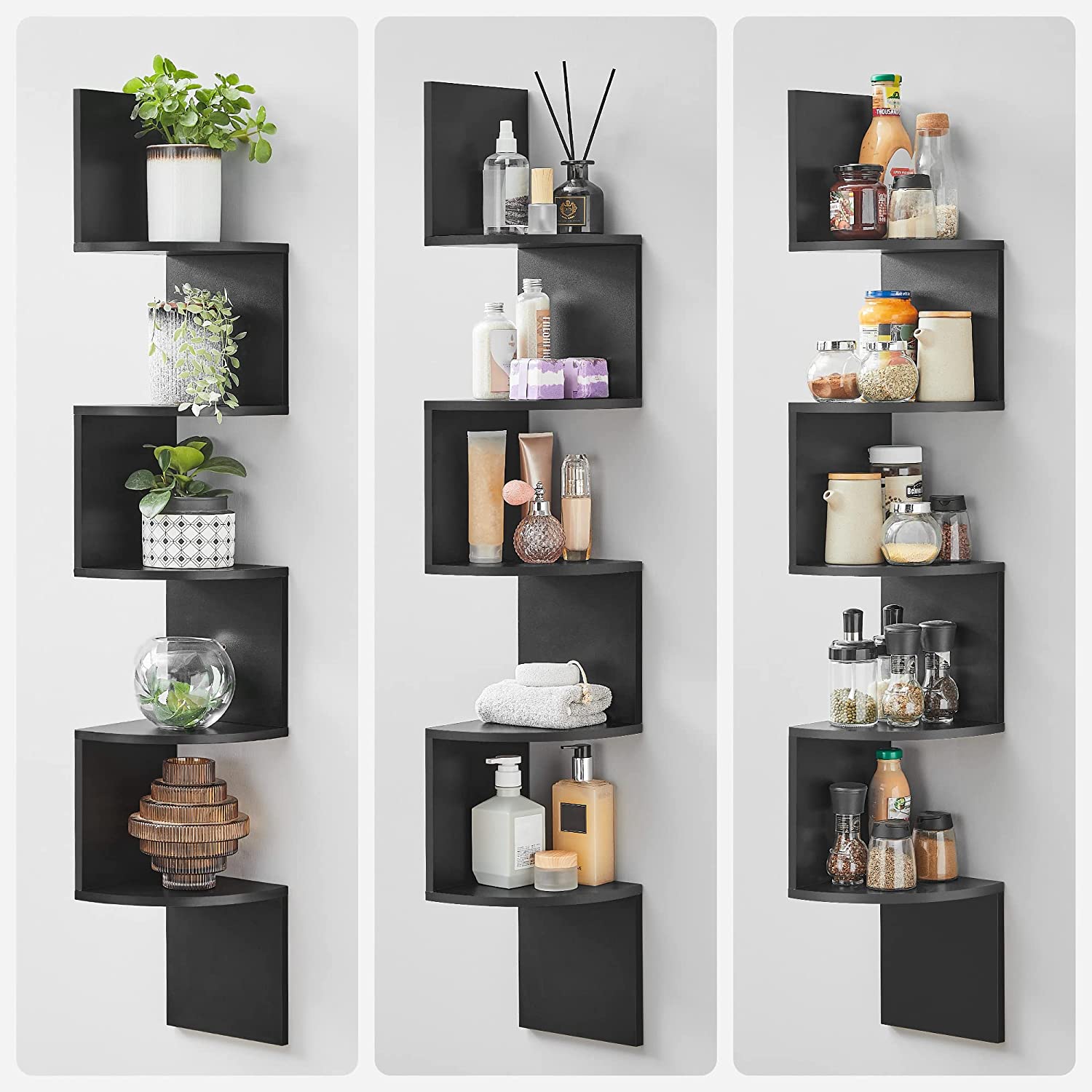 Corner Shelf, 5-Tier Floating Wall Shelf with Zigzag Design, Bookshelf, Rustic Brown - HWLEXTRA 