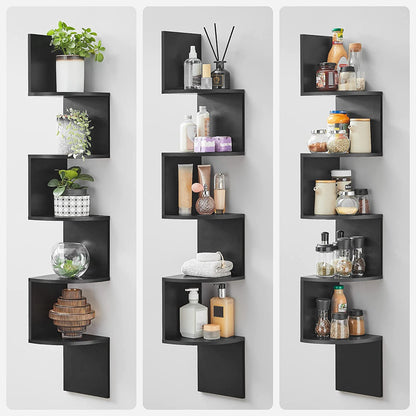 Corner Shelf, 5-Tier Floating Wall Shelf with Zigzag Design, Bookshelf, Rustic Brown - HWLEXTRA 