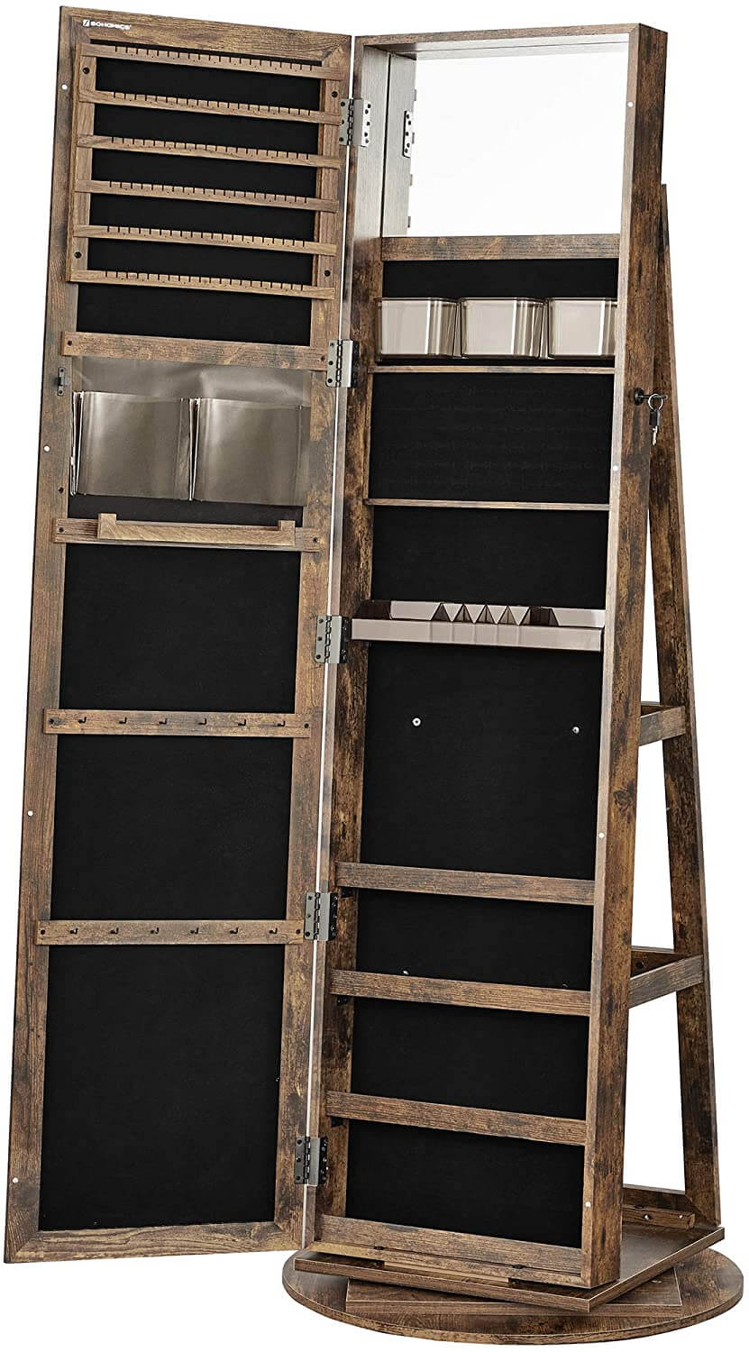 Brown Swivel Jewelry Armoire with Mirror - HWLEXTRA