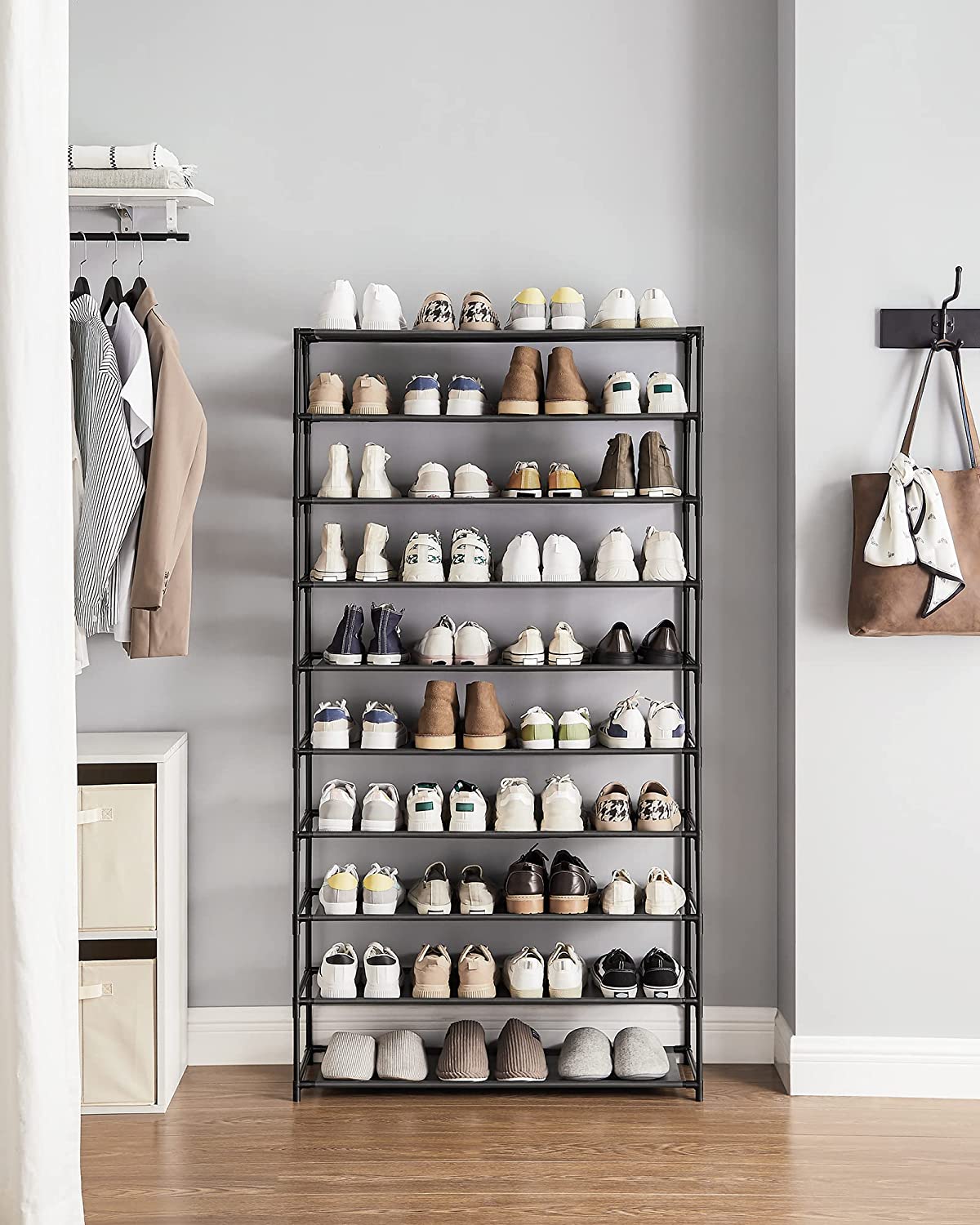 Shoe Rack, 10-Tier Shoe Shelf, Shoe Storage Organizer, Metal Frame, Non-Woven Fabric Shelves