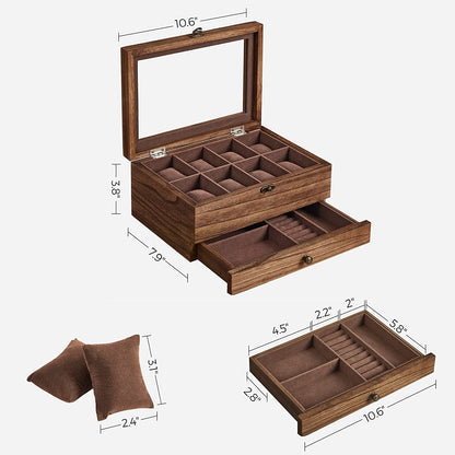 Solid Wood Watch Box, 8-Slot Watch Case with Pillows, Glass Lid, Rustic Walnut