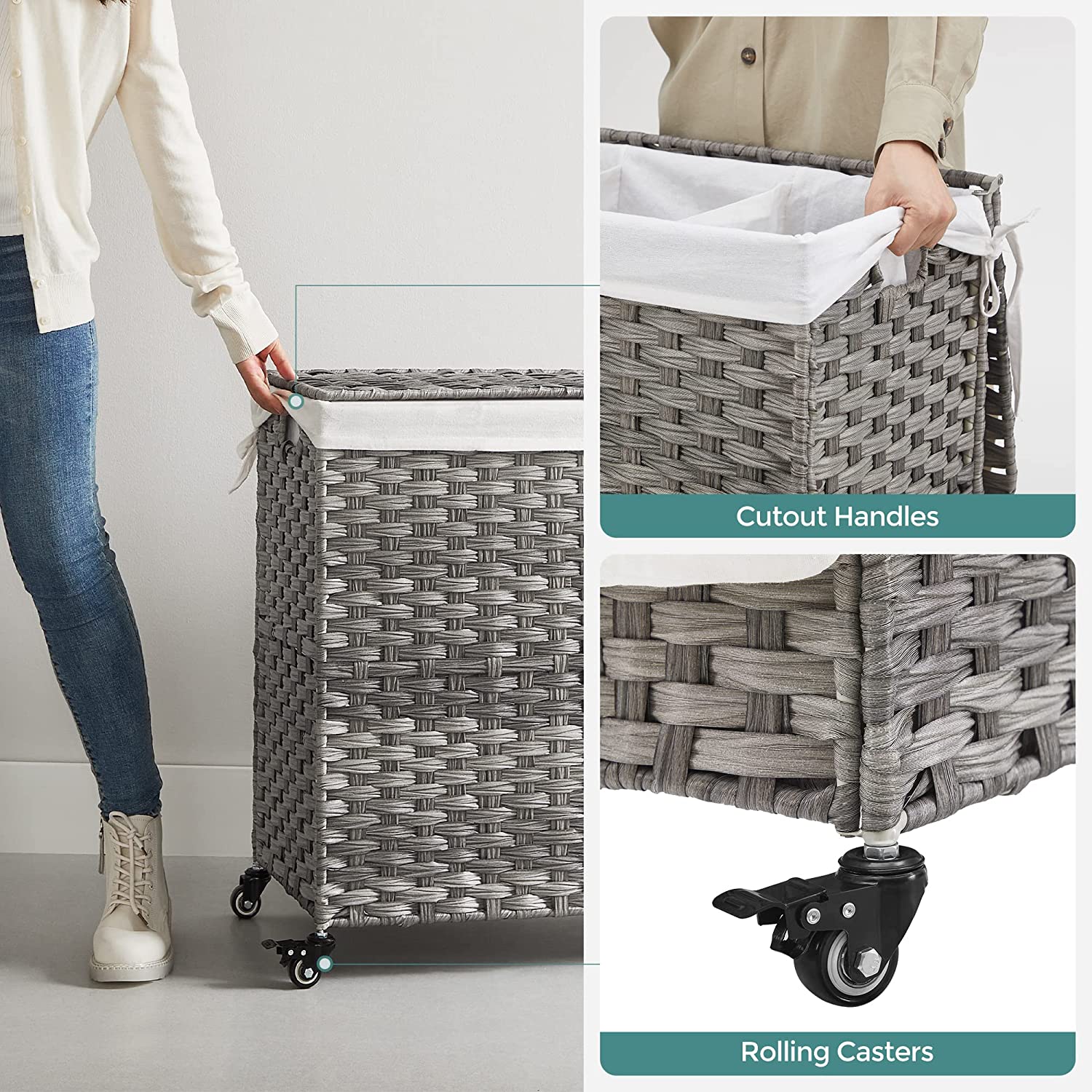 Laundry Hamper, Handwoven Laundry Basket, 140L Rattan Style with 3 Compartments, Removable Liner - HWLEXTRA 