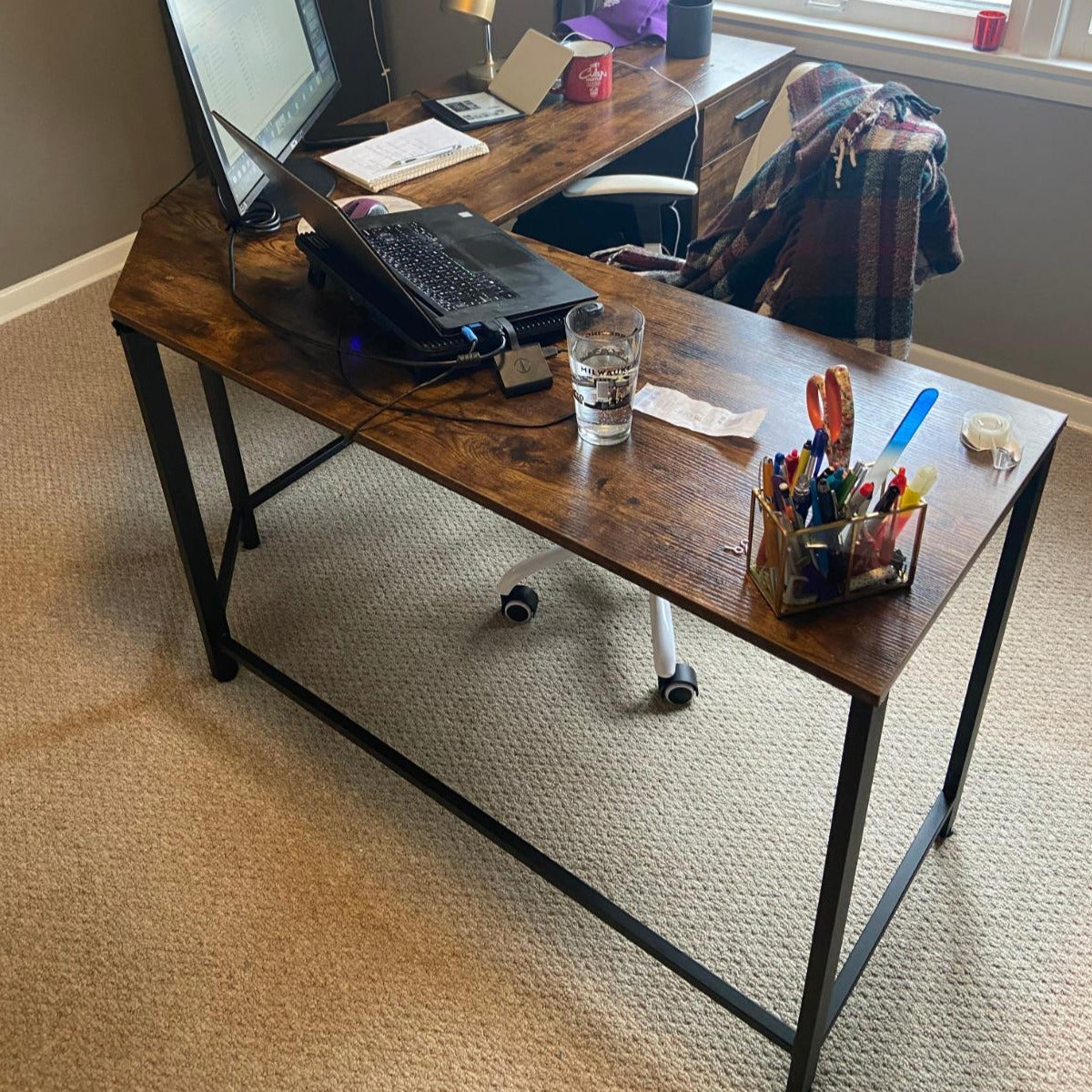 Corner Desk, L-Shaped Computer Desk with Cabinet and Drawer, Study - HWLEXTRA 