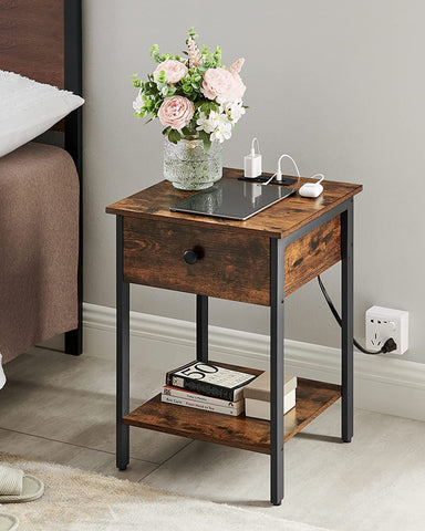 Nightstand with Charging Station and USB Ports, Side Table with Drawer and Storage Shelf, End Table