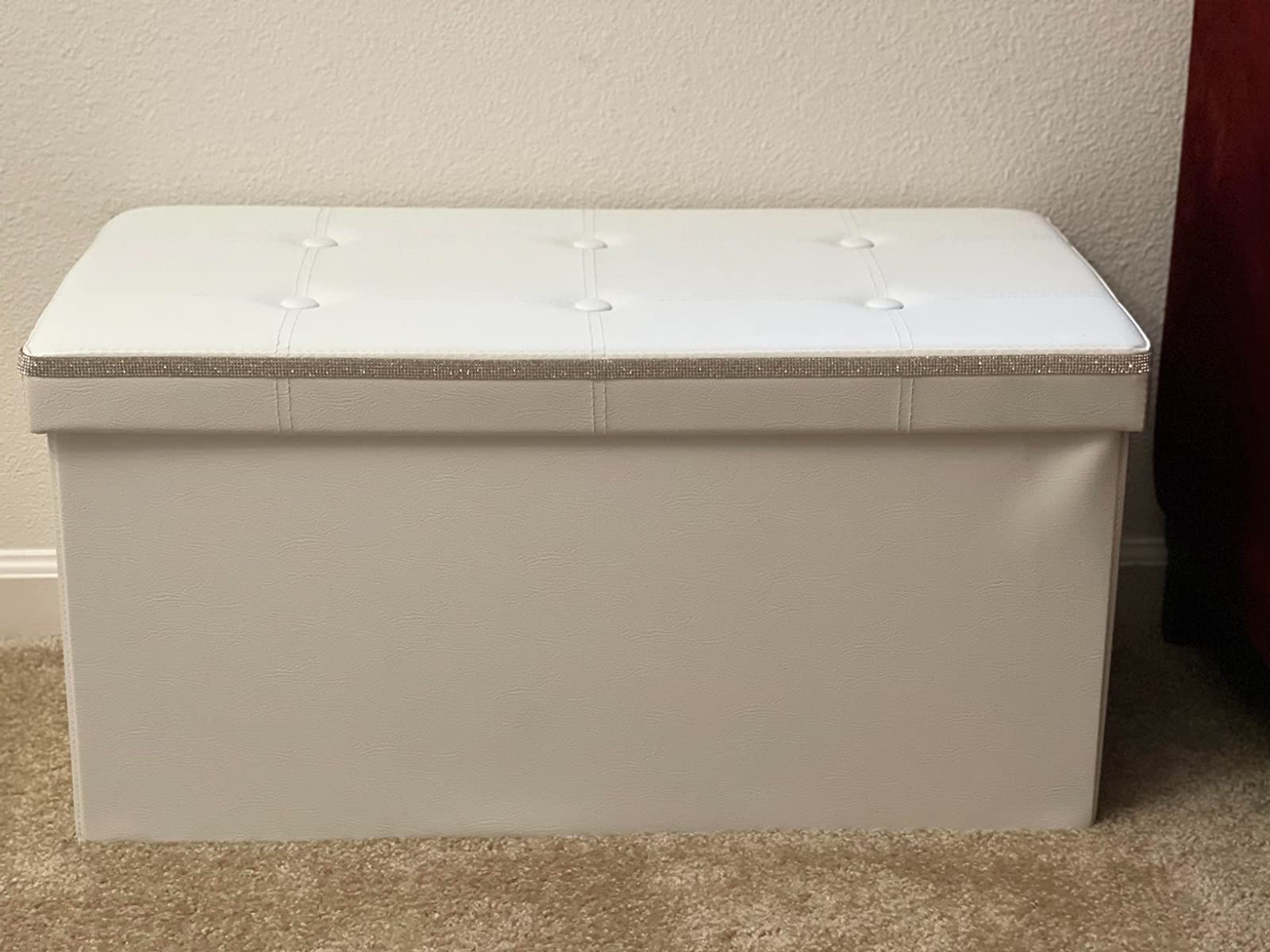 30 Inches Faux Leather Folding Storage Ottoman Bench, Storage Chest Footrest Coffee Table Padded Seat, White - HWLEXTRA 