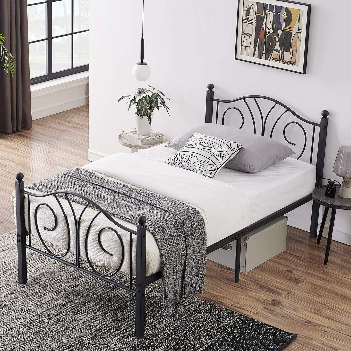 Metal Bed Frame with Headboard and Footboard, Iron Mattress Foundation No Box Spring Needed