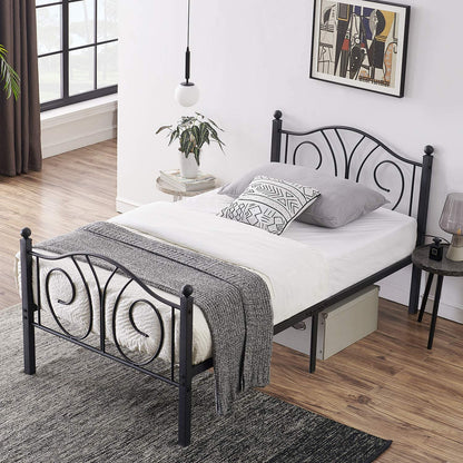 Metal Bed Frame with Headboard and Footboard, Iron Mattress Foundation No Box Spring Needed