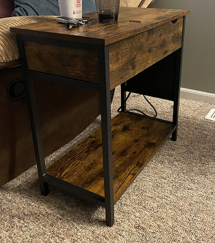 Sofa Side Table with Power Outlet, Charging Station, Nightstand with Storage Shelf and Fabric Bag